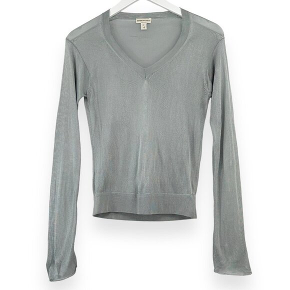 Emporio Armani Sweaters - Vintage Emporio Armani Silver V-Neck Semi Sheer Mesh Long Sleeve Top sz 8